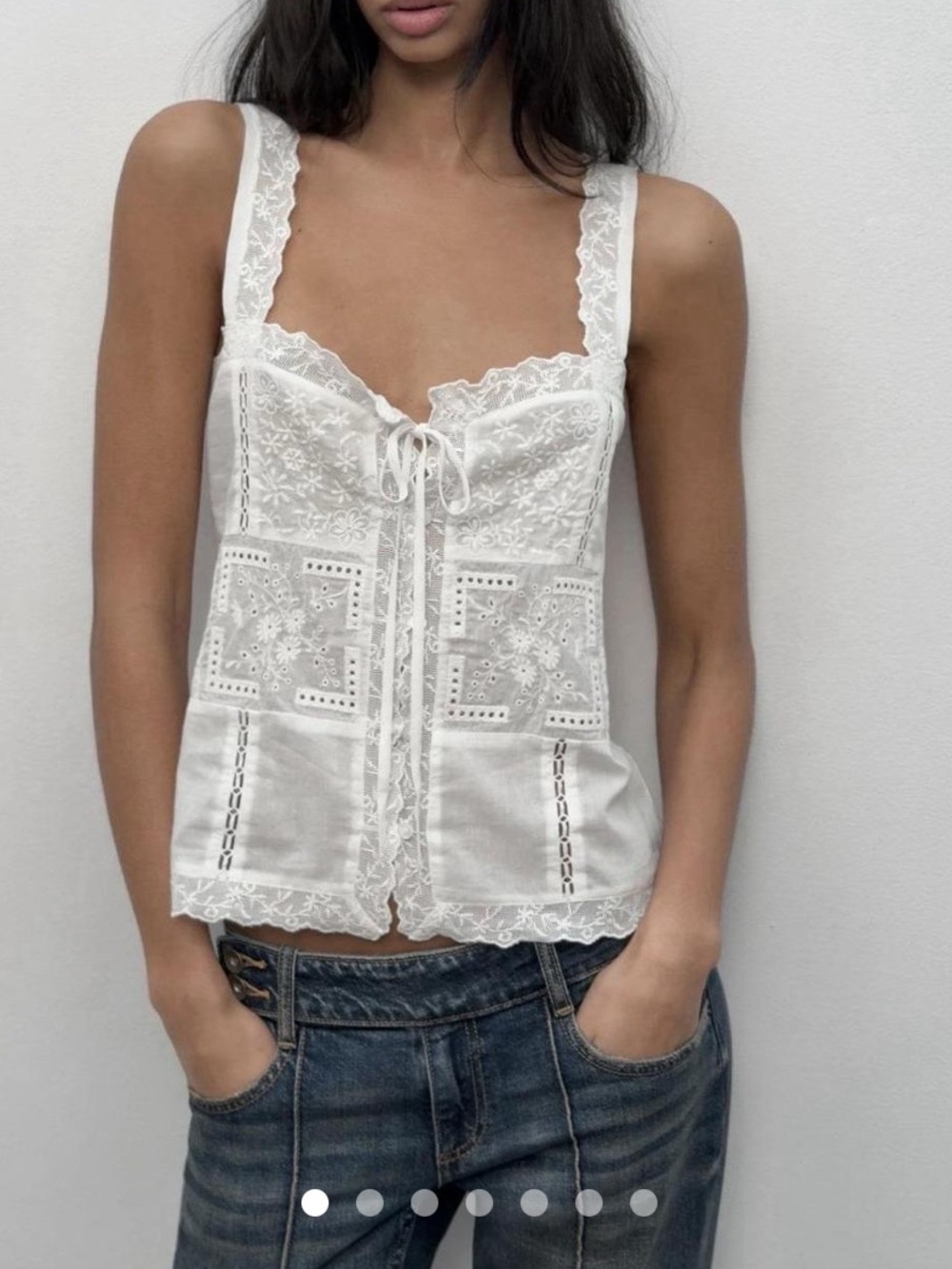 Zara White Lace-Trim Tie-Front Tank Top